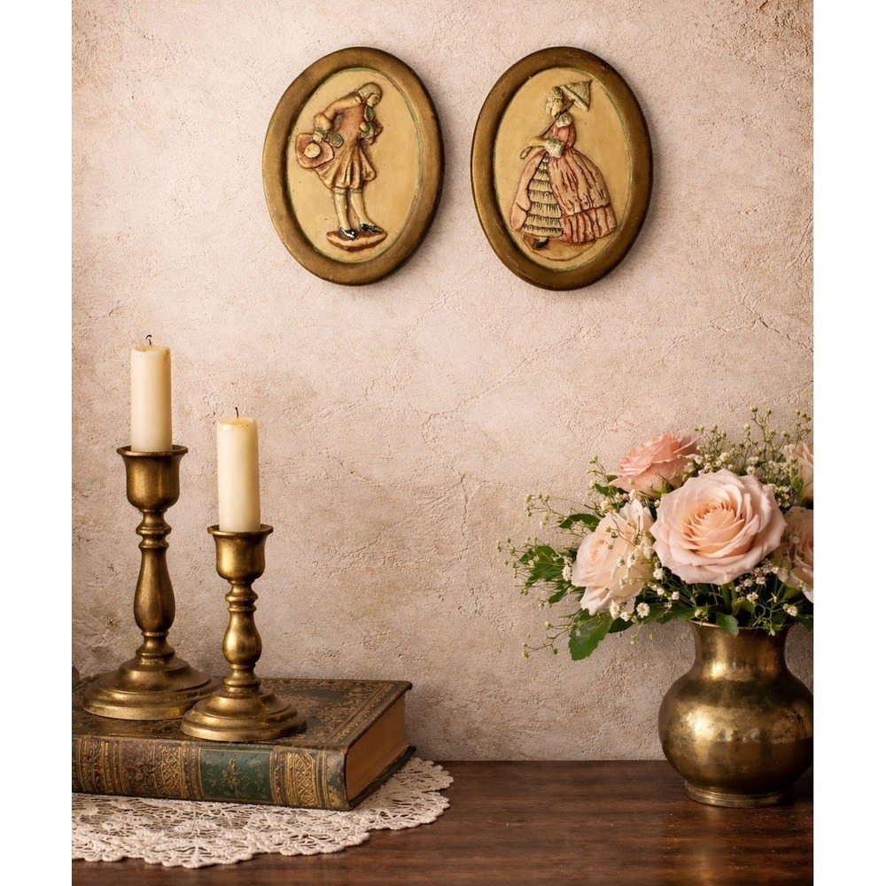 Vintage Colonial Couple Oval Plaster Wall Plaques Gold Frame Pair